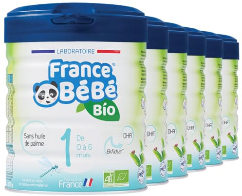 FRANCE BéBé BIO - Lait infantile pour bébé 1er âge en poudre 0 à 6 mois - Lait fabriqué en France - BIFIDUS - SANS HUILE DE PALME - Pack 6 boîtes de 800g