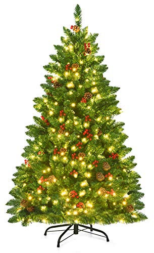 COSTWAY Árbol de Navidad con Luces Incorporadas 135cm, 32 Piñas y 32 Frutos Rojos, 300 Luces LED de Blanco Cálido, Christmas Tree with Lights, Agujas de PVC 516 Puntas (135 cm)
