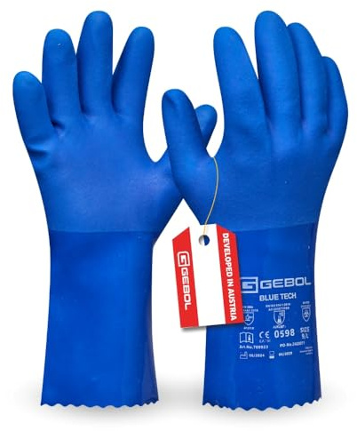 Gebol Blue Tech, 1 paio di guanti lunghi in gomma PVC con maglia di cotone, resistenti agli agenti chimici, resistenti agli acidi e all'olio, impermeabili, misura 10, colore: blu