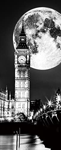 A.Monamour Türtapete Selbstklebend Türfolie Türposter 3D Vollmond Über Westminster Bridge Der Big Ben Bei Nacht Monochrom Vinyl Folie Türdeko Tapete Wandbild Türaufkleber Türtattoo 90 x 200 cm