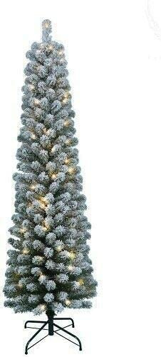Snow Flocked Pencil Slim Pre-Lit Christmas Snowy Pencil tree in 5ft/ 150cm/6ft / 180cm/ 7ft/ 210cm Size's Xmas Festival Decoration for indoor and outdoor use with stand (5ft / 150cm