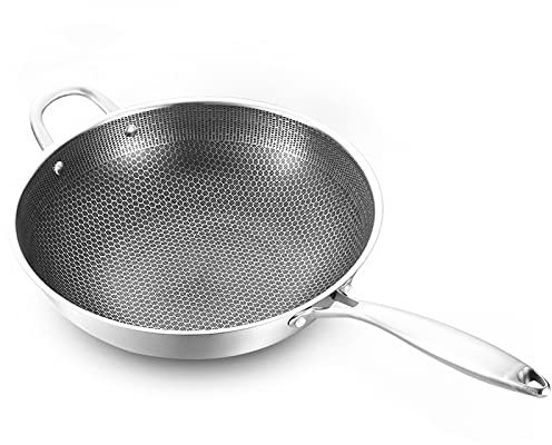TSTSM Woks et poêles en nid d'abeille avec poignée en Acier Inoxydable, poêles Wok avec revêtement antiadhésif, casseroles à Fond Plat adaptées à Tous Les Types de cuisinières-34CM