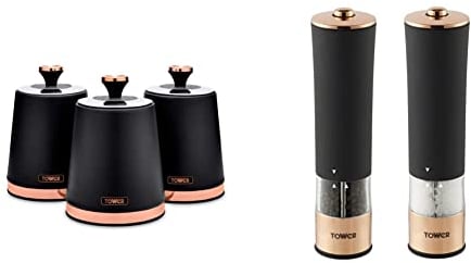 Tower T826131BLK Cavaletto Set of 3 Storage Canisters for Coffee/Sugar/Tea, Black and Rose Gold & T847003RB Electric Salt and Pepper Mill, Stainless Steel, Soft-Touch Body, Rose Gold and Black