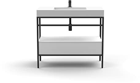 Mueble de baño con estructura en aluminio color negro - Lavabo de resina blanca - Cajón en madera acabado blanco mate y de gran capacidad - Medidas 100 cm (ancho) x 46 cm (fondo) x 90 cm (alto) - OVAL