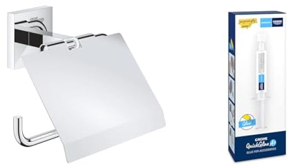GROHE Start Cube - Papierhalter (mit Deckel, verdeckte Befestigung, Material: Metall), Chrom, 41102000 + Kleber für BadAccessoires