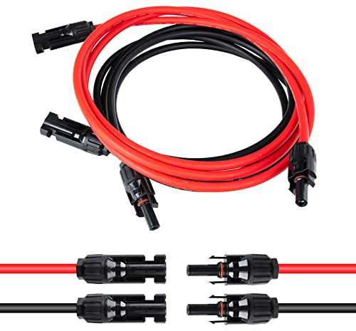 Cavo solare 6 mm2, prolunga cavo PV, pannello solare, cavo di prolunga per impianti fotovoltaici con prese e connettori (rosso/nero), spina impermeabile IP67, 2 m