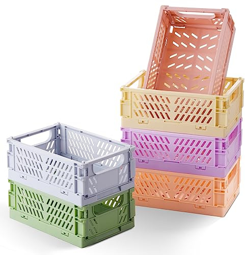 HUUSMOT 6-Pack Small Pastel Plastic Storage Baskets, Collapsible Crates for Organizing, Space-Saving Mini Bins for Classroom, Kitchen, Office, Bedroom (5.9 x 3.8 x 2.2)