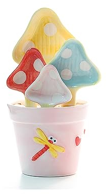 Cute Cactus Measuring Spoons Set in Pot Organizer,5 Pieces Ceramic Measuring Cups Set for Kitchen Dry Wet Ingredients, Liquid Food,Salt and Sugar,Kawaii Cactus Figurine Spoon with Base Cup (Mushroom)