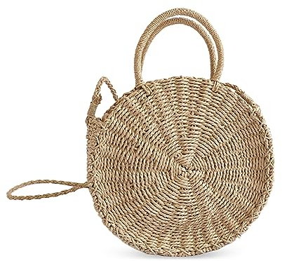 NICOLE & DORIS Straw Crossbody Bags for Women Round Handbag Straw Beach Bag Top Handle Rattan Bag Wicker Bag Circle Straw Bags Woven Handbag With Zip Khaki