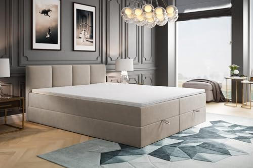 TRADA Boxspringbett 140x200 cm mit Bettkasten & Bonellmatratze, Beige | Modell ROYAL, Elegant Bett mit Topper