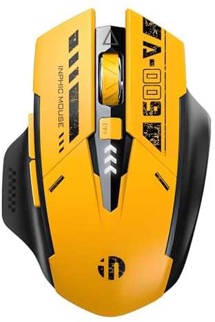 INPHIC Mouse Bluetooth, Mouse Wireless Ricaricabile (tri-mode: BT 5.0/4.0+2.4G), mouse portatile muto da 800-2400 DPI con indicatore di alimentazione per laptop, PC, Mac OS, giallo mecha