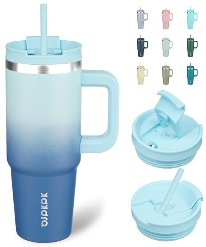 BJPKPK 900 ml Isolierter Edelstahl-Becher mit Griff Deckel und Strohhalm | Himmelblau, Doppelwandige Vakuumisolierung, Auslaufsicher, BPA-frei, Spülmaschinenfest, Ideal für Reise & Outdoor