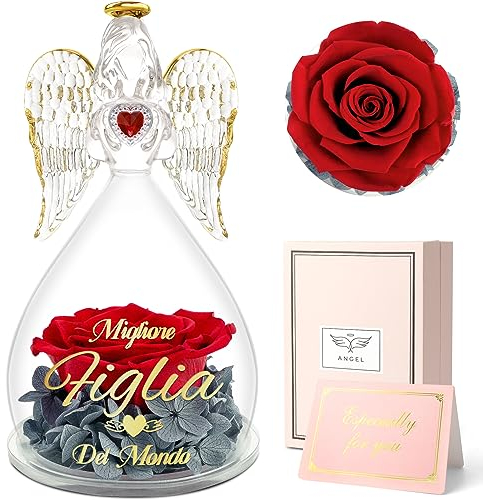 Sunia Ewige Rose, Geschenke für Mama, Beste Mama Geschenke, Engel Figur mit Spruch Beste Mama der Welt, Ewige Rose in Engel Glaskuppel, Ewige Blume Geschenk (5-Figlia)