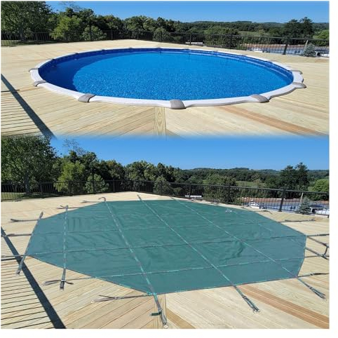 Pool Cover Poolabdeckplane Winter In den Boden eingelassene Poolabdeckung Holzdeck installiert, Grünes Netz Pool-Sicherheitsabdeckung für Rundbecken, Schwimmbadschutzabdeckungen mit Ankerfeder aus Mes