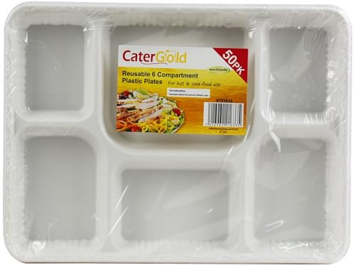 Sterling Ventures Cater Gold Disposable Reusable Washable Heavy-Duty Dinnerware Crockery for Birthday Parties Camping Catering for Hot & Cold Food 6 Compartment Plastic Plates (Pack of 50 Plates)