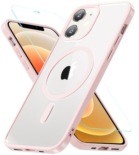 OWKEY iPhone 12/12 Pro Magsafe Tempered Glass Case - Shockproof Military-Grade Transparent Back Magnetic Slim Bumper Cover, Pink