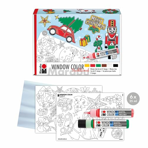 Marabu 0406000013908 - Window Color Fun & Fancy Xmas Traditional Peinture pour fenêtres à Base d'eau, 6 Crayons de 25 ML de Couleur, modèle à colorier A3 et Feuille à colorier A4