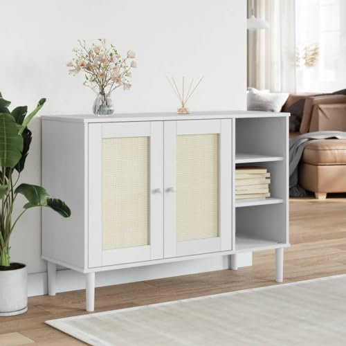 AUVYI Sideboard Rattan-Optik Weiß 112x40x80 cm Kiefernholz Lowboard Wohnzimmer Schuhregal Schmal Wäscheschrank TV Board Badezimmerschrank Aktenschrank Bücherregal Küchenschrank