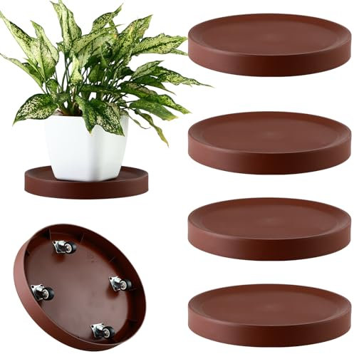 4 Packs Plant Caddy with Hidden Wheels 11.5 Inch Rolling Plant Stand Heavy Duty Plant Dolly with Casters Indoor and Outdoor Plants Plant Roller Base Large Plant Cart Pot Saucers with Wheels, Brown