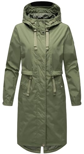 Navahoo Damen Leichter Übergangsmantel Kurzmantel lang mit Verstellbarer Kapuze Silberperlee Dusty Olive Gr. XXL