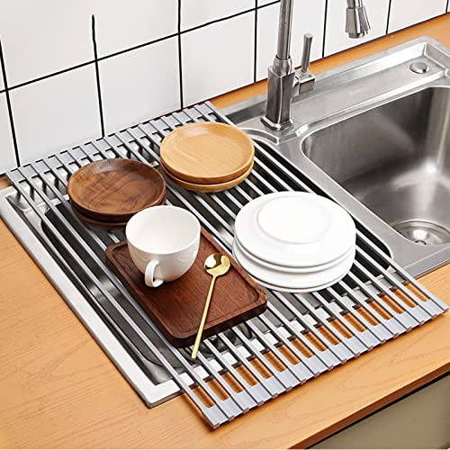 Escurridor de platos enrollable multiusos sobre la cocina, escurridor/escurridor de platos cubiertos de silicona, escurridor antideslizante y duradero para fregadero (tamaño: 32 x 52 cm)