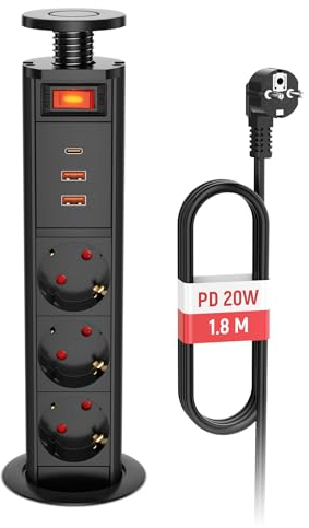 Multiprise Encastrable Bloc Prise Escamotable, Prise Encastrable Plan de Travail 3 Prises avec USB C PD20W et Interrupteur, Prise de Table Escamotable pour Cuisine Bureau Noir, 16A, Ø 60mm Câble 1,8M