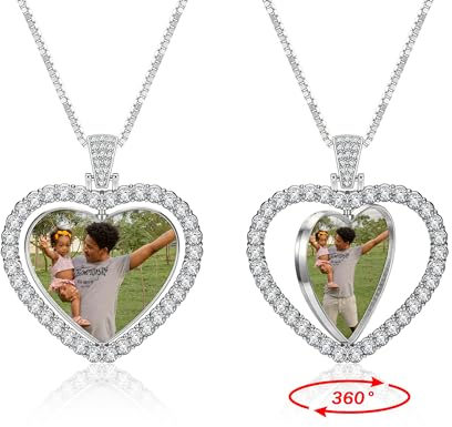 PiercingJak Charms Halskette beidseitig Foto Gravur Drehbar Herz Anhänger mit Strass 24 Kette Personalisierte Geschenke für Freundin Partner Familie, silber-herzförmig