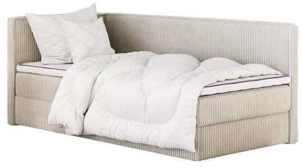 mybed. Boxspringbett Einzelbett Mitto Conti Twin Linke Seite Polsterbett mit Bettkasten Creme 7-Zonen Taschenmatratze H3 90x200 und Topper Jugendbett Kinderbett