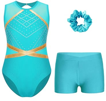 TiaoBug Mädchen Turnanzug Metallic Gymnastikanzug mit Flamme Ärmellos Trikot Leotard Gymnastik Turn Shorts Kurze Hose Tanz Kleidung Set Blau Grün G 146-152
