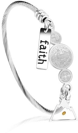 Tobestu Platinum Plated Twisted Rope Medal Bangle Bracelets for Women Girls - Stainless Steel CSPB Cross Faith Triangle Mountain Seed Bracelet for Communion Easter Y4231