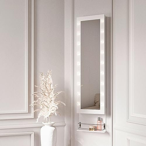 FABS Crystal Collection - Full Length Mirror - Jewellery Cabinet with LED Lights - Hair Dryer Holder - Makeup Storage - Wall Mounted - White