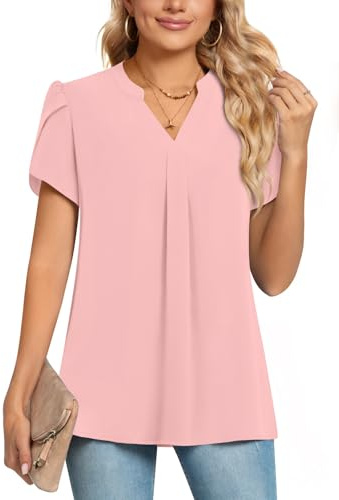 POPYOUNG Womens Summer Casual Chiffon Petal Sleeves Office Blouses V Neck Business Tops Work Shirts L,Pink