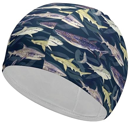 Badekappe mit Hai und Walen, für Damen und Herren, bequeme Badekappe, langlebig, Duschhaube