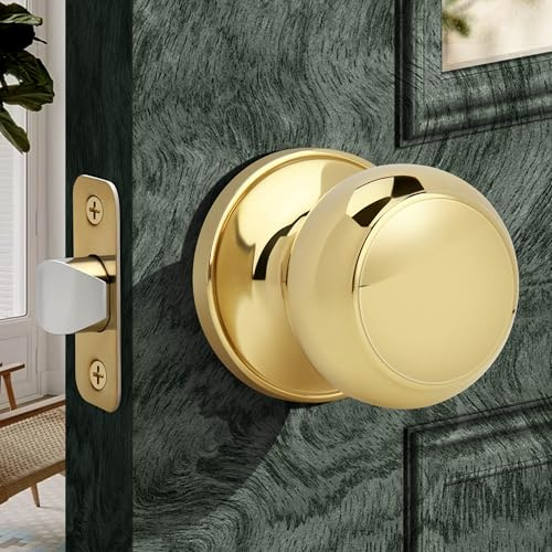 Moquin Flat Ball Passage Door Knob No Lock, Round Interior Door Knob in Polished Brass Finish, Non-Locking Doorknob Without Keys for Hallway Closet