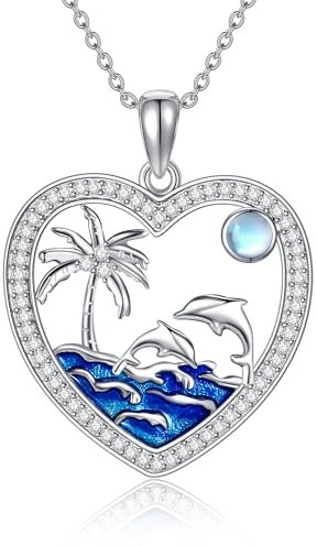ONEFINITY Collier dauphin en argent sterling 925 avec pendentif palmier - Cadeau pour femme et fille, Pierre de lune