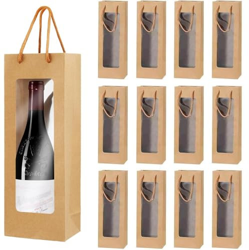 katmerio 12 Stück Weinflaschenbeutel aus Kraftpapier, Flaschentüten Geschenktüte mit Griff Kraft-Wein-Organizer Weinflaschen Tüten Weintaschen für Hochzeit, Party geschenktüten Flaschen (Braun)