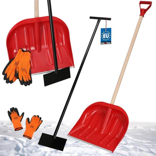 KOTARBAU® Set Schneeschaufel mit Holzstiel 134,5 cm Eisschaber 119 x 20 cm + Handschuhe warm Schneeschieber Schneeräumer Schneeschaufel Auto Stoßscharre mit Stiel Schaufel mit Stiel