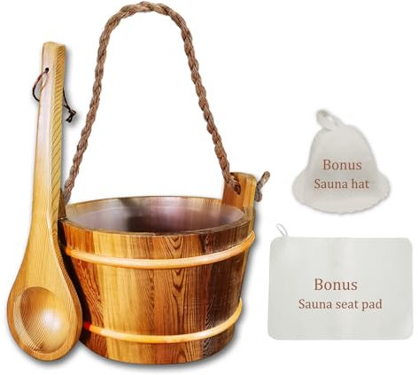 Rote Zeder Großer Sauna-Eimer mit Schöpflöffel, mit Saunahut und Sitzpolster, Sauna-Holz-Wassereimer 6 l mit Kunststoffeinsatz für Saunaraum Saunaofen Saunazubehör