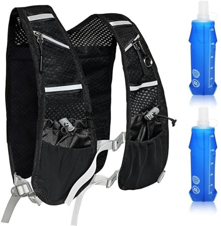 Gilet de Course Aischens Unisexe Sac Hydratation Réfléchissant 2 x 500 ML, Bretelles Thoraciques Réglables, Noir Fermeture Éclair Avant/Arrière pour Vélo Randonnée Course Marathon Plein Air