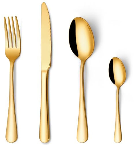Cutlery Set Gold, HONKKU 16 Pieces Stainless Steel Flatware Set for 4 People, Mirror Polished Tableware Silverware Set with Spoon Knife and Fork Set for Home Kitchen, Dishwasher Safe