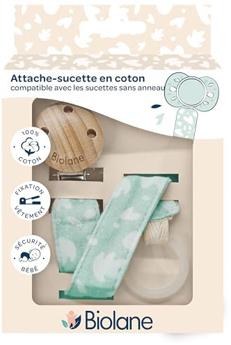 BIOLANE - Baby Schnullerkette - für Schnuller ohne Ring - Stoff 100% Baumwolle - Mintgrün - Silikonbefestigung - Clip aus Holz und Metall - doppelte Sicherheit & rutschfest