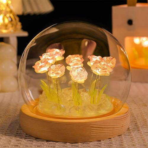 AWSOLAR Rosa Rose Nachtlicht, 10 LED Forever Lampe Rosa in Glaskuppel, Blume Geschenk Für Geburtstage, Valentinstag, Muttertag, Weihnachten