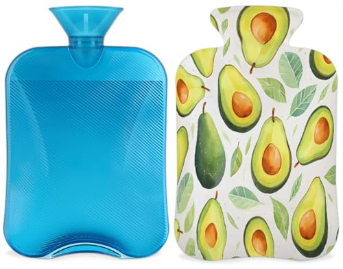 Entemne Wärmflasche, 2 l, tropisches Fruchtmuster, Avocado-Wärmbeutel mit Bezug, wiederverwendbare Therapie-Tasche zur Schmerzlinderung, Menstruationskrämpfe, Muskelkater, Winterwärme Geschenk