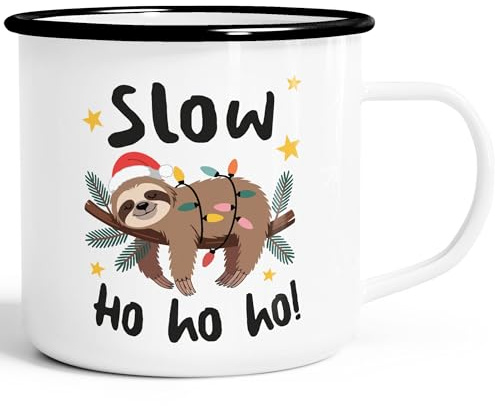 MoonWorks® Emaille-Tasse Weihnachten Faultier Ho Ho Ho Geschenk für Schlafmützen Langschläfer Morgenmuffel Weihnachtsbecher lustig Weiss-schwarz standard