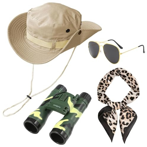 JcvPot 4 Stück Safari-Kostüm Herren, Safari Kleidung Damen Mit Safari-Hut, Sonnenbrille, Teleskop, Halstuch Für Outdoor-Abenteuer, Halloween Und Cosplay