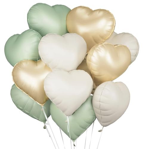 Herzluftballons, 18 Zoll Herz Folienballon, Herzballons Grün Weiß Gold, Herz Luftballons Hochzeit Helium Set Ballons mit Herzform für Geburtstag Valentinstag Hochzeitsfeier