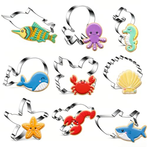 Ocean Animal Biscuit Cutters, 9 Piece Stainless Steel Set | Shark, octopus, turtle and sea creature shapes for biscuits, fondant and pastry