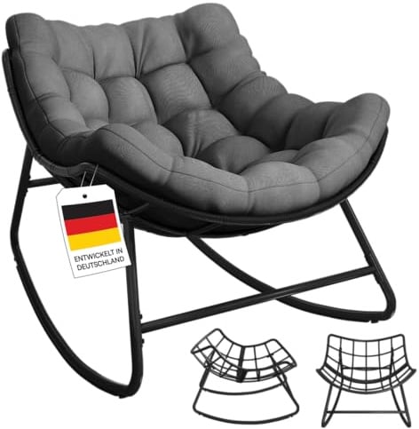 STEELSØN Veldora XXL Schaukelstuhl, Anthrazit, Polyrattan, bis 125 kg | Schaukelsessel Outdoor & Indoor, ergonomischer Gartensessel gepolstert, handgeflochten, wetterfest & rutschfest, Loungesessel