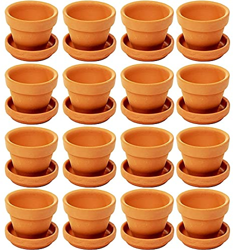 Juvale 5x4 cm 16-Pack Small Terra Cotta Mini Pots with Saucers and Drainage Hole, Paintable Pottery for Succulents, Plants, Flowers, Cactus, Garden Nursery, and Wedding Decor
