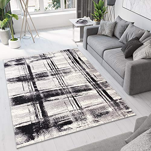 TAPISO Dream Teppich Modern Wohnzimmer Ecru Schwarz Creme Meliert Streifen Kariert Karo Kurzflor Schlafzimmer Küche Esszimmer ÖKOTEX 180 x 250 cm